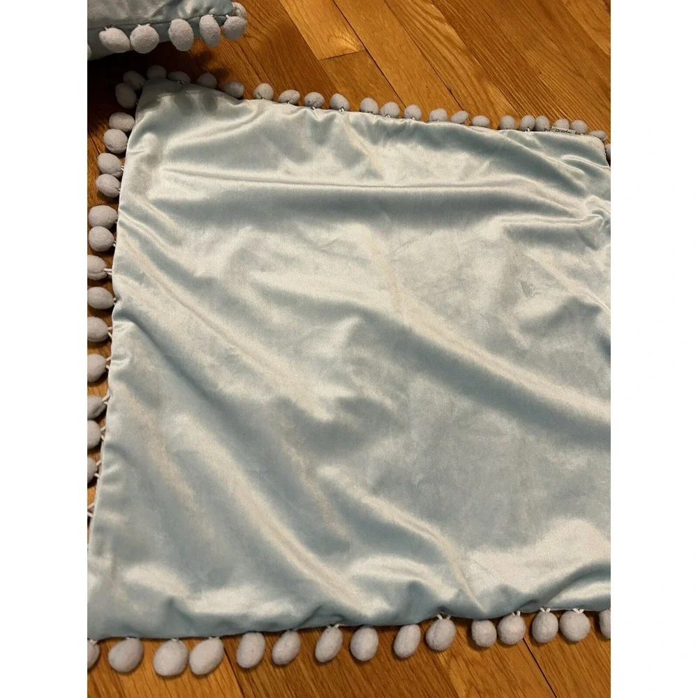Set of 2 Velvet Pillow Covers Ice Blue with Pom‎ poms Boho Baby Bohochic